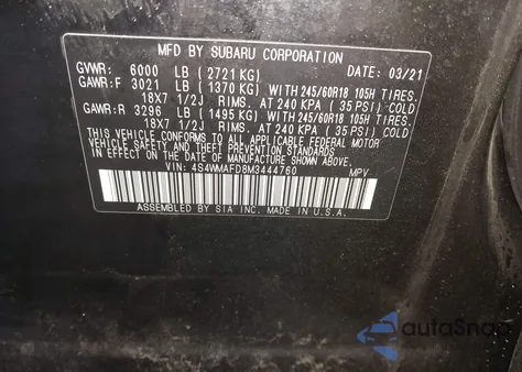 2021 Subaru Ascent Premium z USA, uszkodzony, nr VIN 4S4WMAFD8M3444760